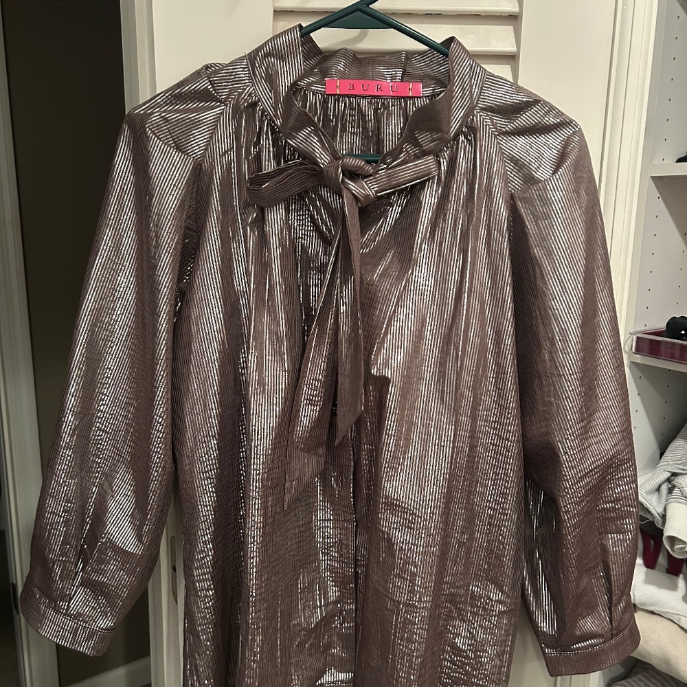 BURU brown and silver blouse with tie, Small!